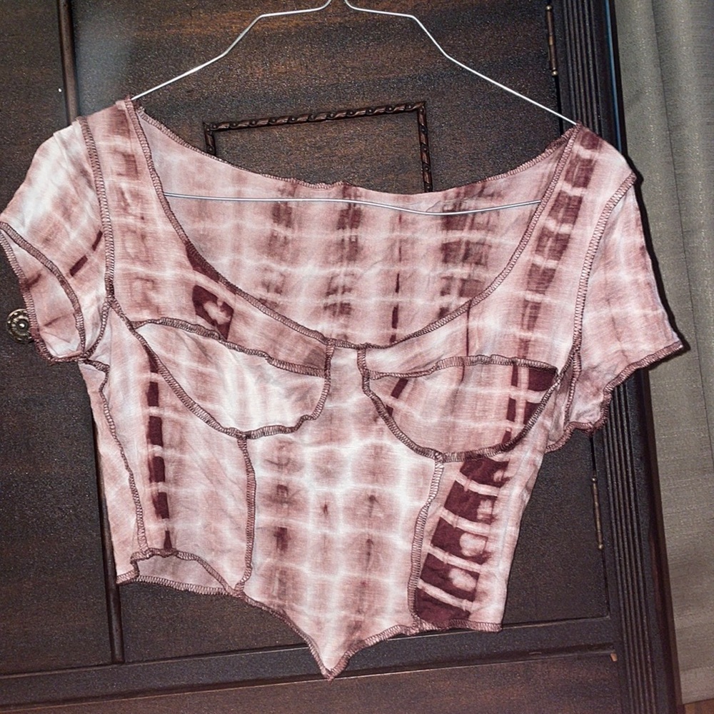 Shein brown/white tie die crop top short sleeve